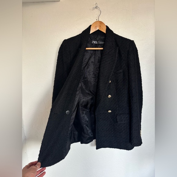 RARE Zara Black Textured Weave Tweed Double Breasted Gold Buttons Blazer Jacket - Picture 10 of 16